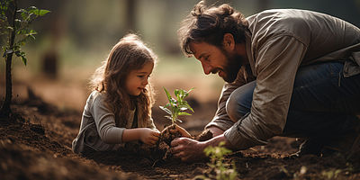 Mann und Kind pflanzen eine Pflanze